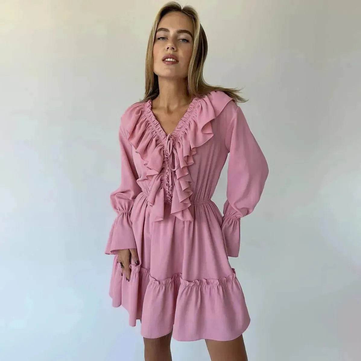 Casual Fashion V Neck Pleated Ruffle Long Sleeve Dress Y2K V Neck Flared Sleeve Short Mini Skater Dress Women's Clothing