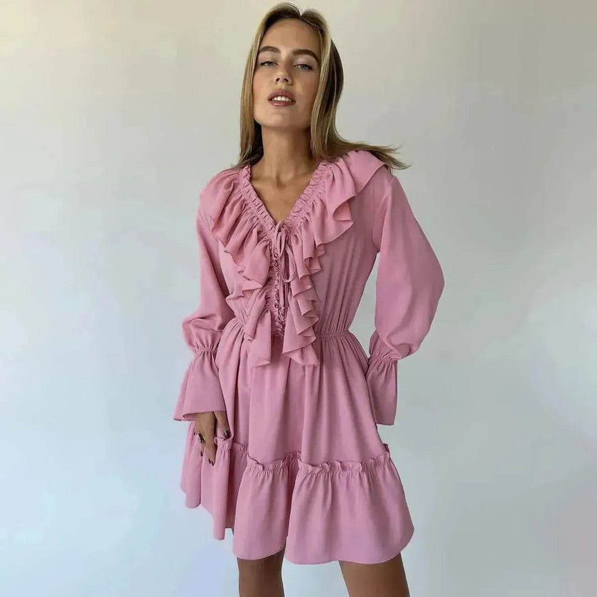 Casual Fashion V Neck Pleated Ruffle Long Sleeve Dress Y2K V Neck Flared Sleeve Short Mini Skater Dress Women's Clothing