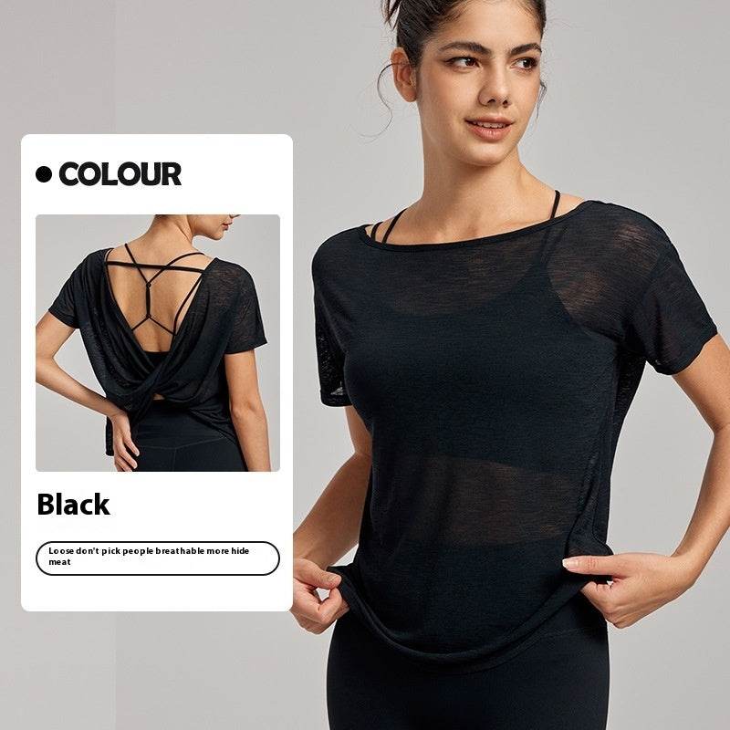 Draping Flab Hiding Yoga Clothes Blouse Sexy Beauty Back Mesh Workout Top