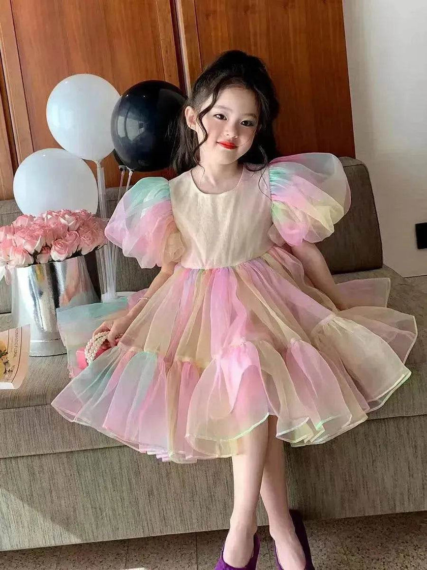 Girls Princess Mesh Puff Sleeve Dress Princess gown for kids