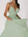 Charming V-neck Suspender Dress Summer Fashion A-Line Long Dresses For Women Sleeveless Skater Dress for Wedding cocktail evening  dinner party events