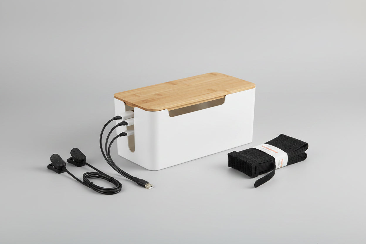Bamboo Lid Cable Management Box – Desktop Power Strip & Cord Organizer | Medium