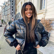New Leather Puffer Cropped Jacket Warm Stand Collar Short Coat Y2K Cotton padded Jacket Women