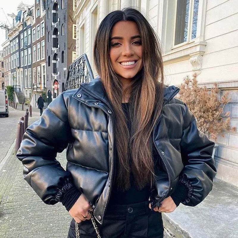 New Leather Puffer Cropped Jacket Warm Stand Collar Short Coat Y2K Cotton padded Jacket Women