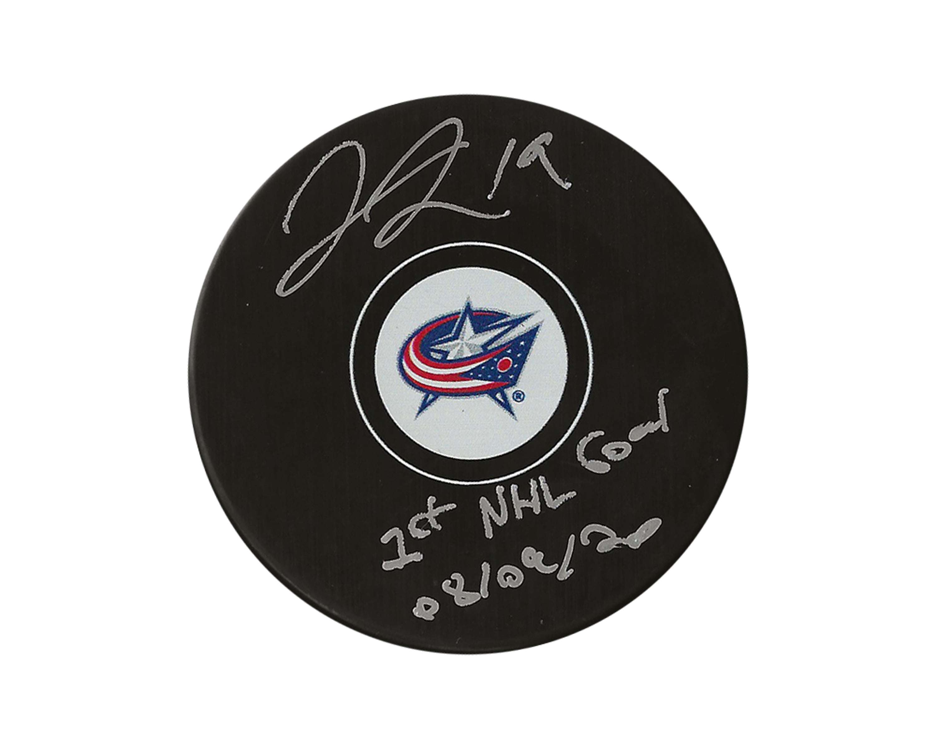 Liam Foudy Autographed Columbus Blue Jackets Autograph Model Puck Inscribed 