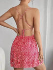 Women Fashion Printed Casual Spaghetti Strap Backless Mini Skater Dress