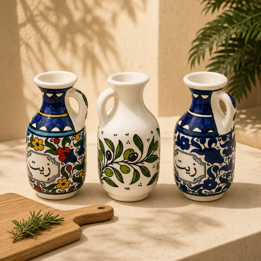 Ceramic Oil Jug ( Oil Dispenser) 15 cm (Zatoun, Colorful & Blue Floral) – Oil Pourer