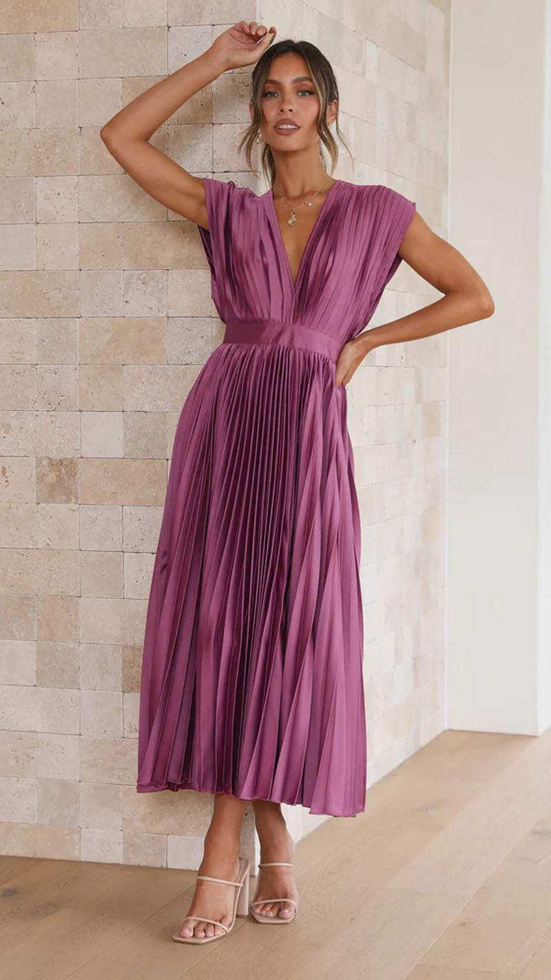 Women's V-Neck Pleated Midi Dress – Sleeveless Zip Casual Summer Dress