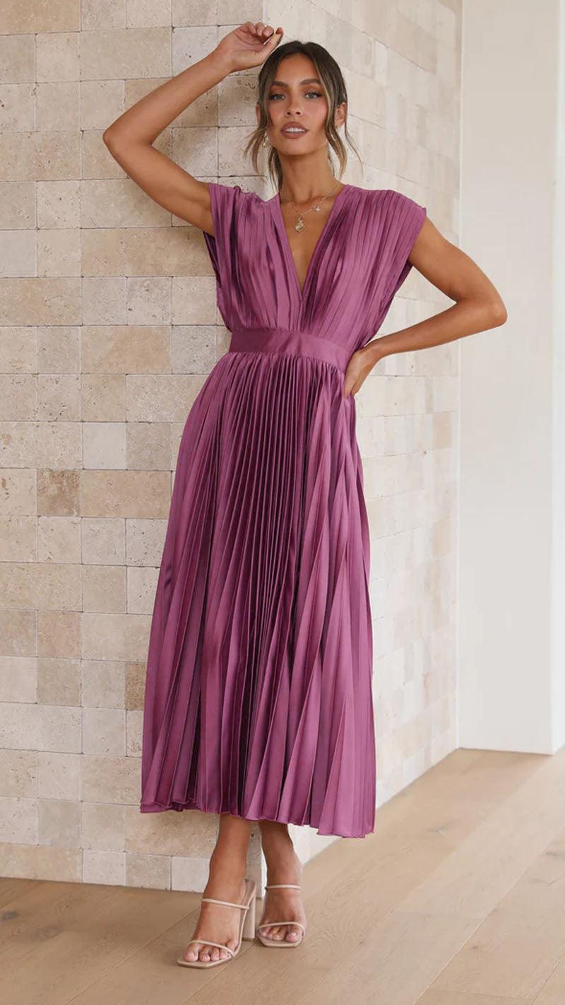 Women's V-Neck Pleated Midi Dress – Sleeveless Zip Casual Summer Dress