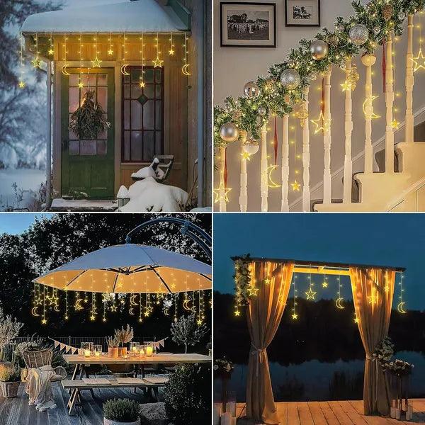 Ramadan Solar Lights, Outdoor Waterproof Moons Stars Curtain Window String With 8 Modes Timer Remote ,USB Rechargeable Connectable Warm White Hanging Decor For Patio