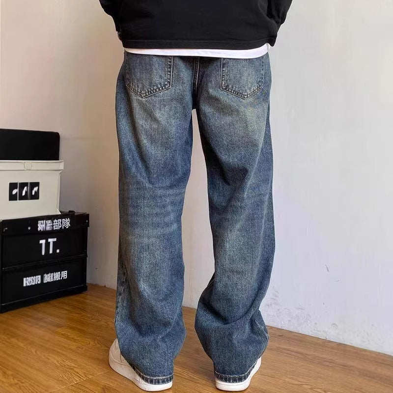 Heavyweight Washed Vintage Jeans – Unisex Baggy Straight-Leg Denim (M–8XL)