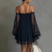 Long-Sleeve Lace Boat Neck Slip Dress – Solid Color Stretch Mini