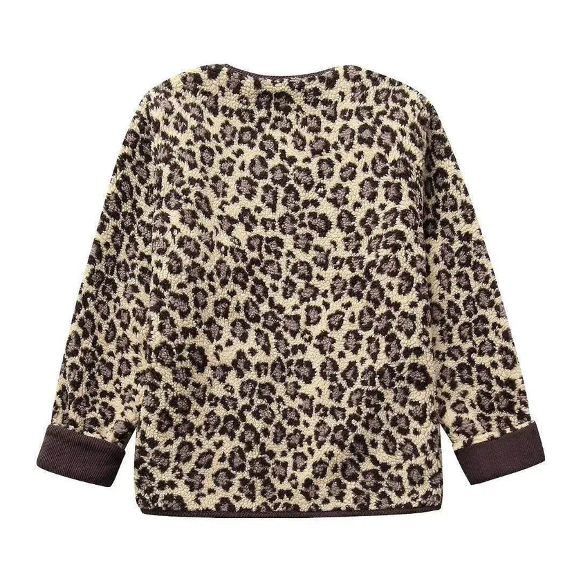 Casual Fall winter Leopard Button fleece Plush Cardigan jacket for women