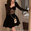 Women's Square-Neck Velvet Long Sleeve Mini Dress – High Waist Swing Skirt