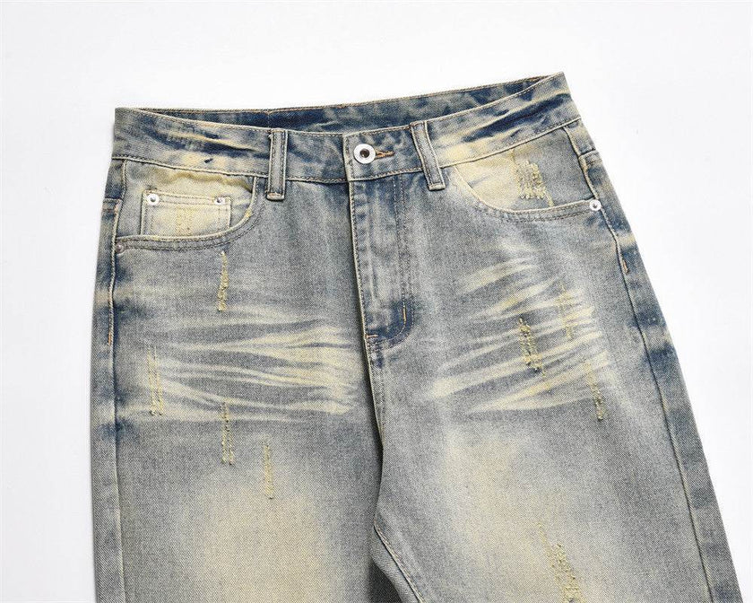 Distressed Scratches Denim Straight-leg Pants Men Jeans