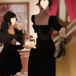 Women's Square-Neck Velvet Long Sleeve Mini Dress – High Waist Swing Skirt