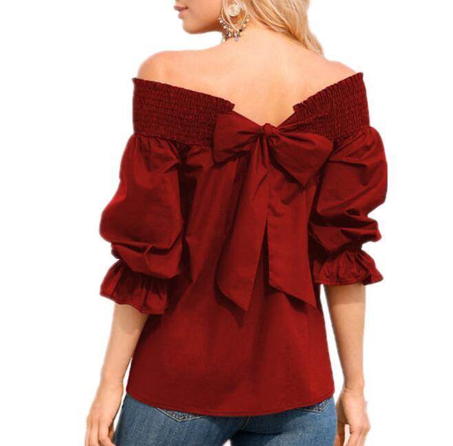 Spring Summer Women Off Shoulder Strapless Blouse top Bowknot Slash Neck Casual Loose Plus Size top