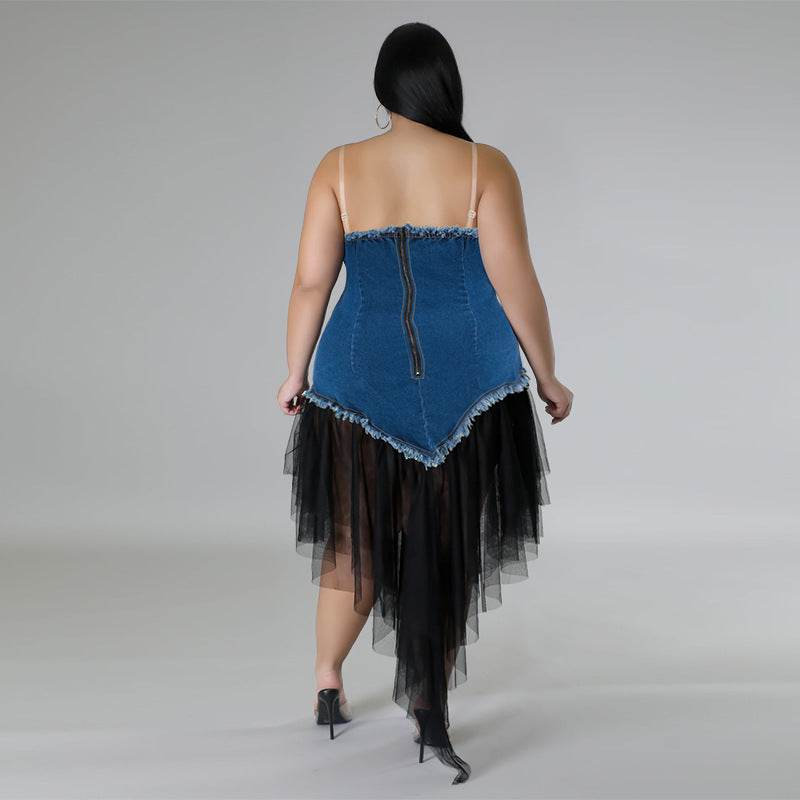 Women's Fashion Sleeveless Denim Stitching Mesh Jeans Tassel Dress