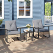 3 Pieces Bistro Set, Patio Wicker Furniture Set With Button Tufted Cushions, Rattan Rocking Chairs, Coffee Table, Gray