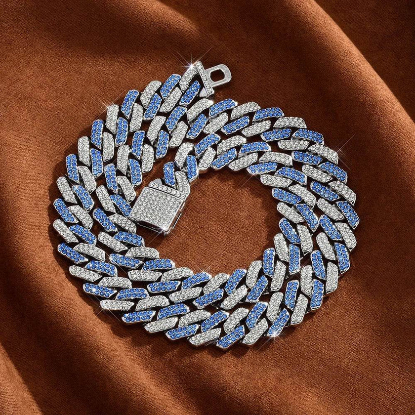 Box Buckle 14mm Bar Cuban Link Chain Bracelet and Necklace 2pcs