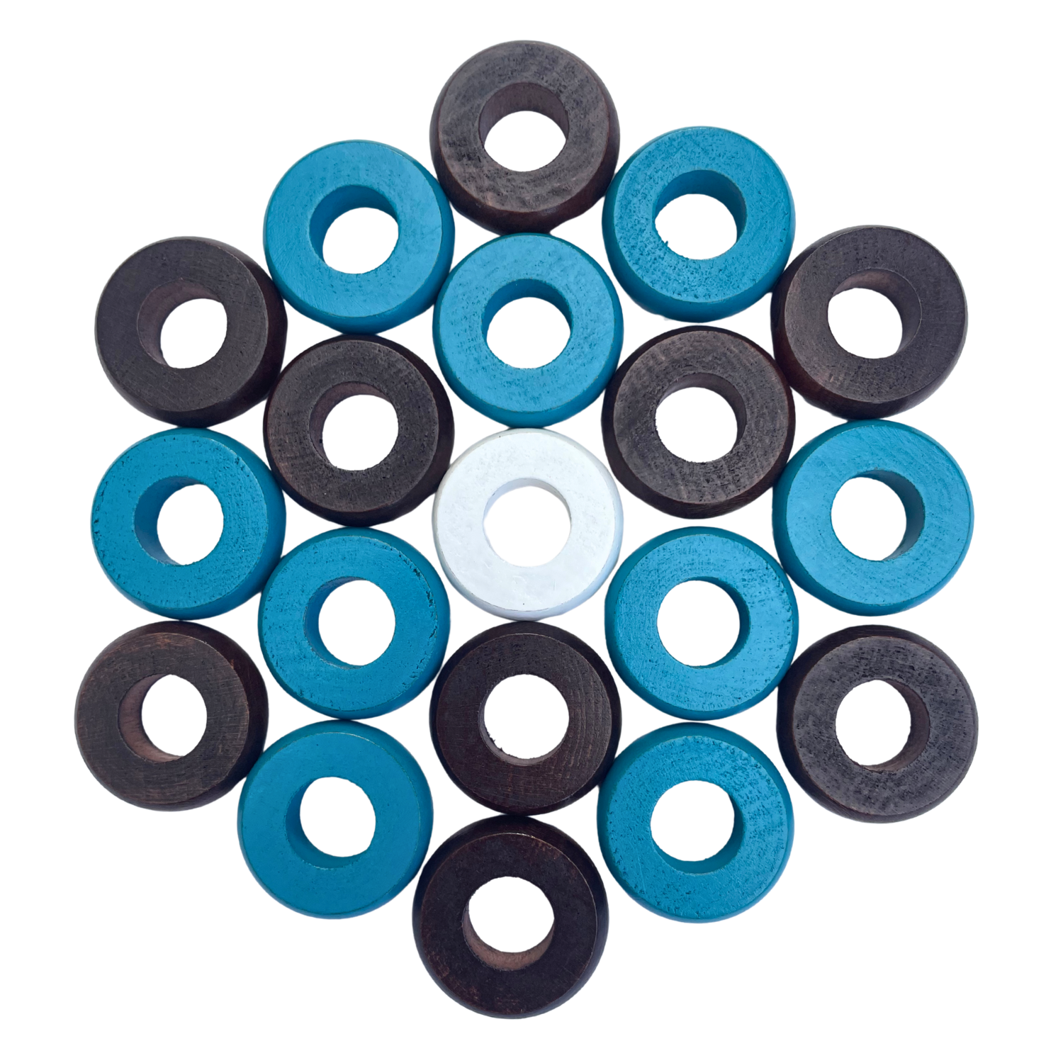 32 Light Blue and Walnut Carrom / Pichenotte / Croquignole Rings - (Light Blue / Walnut / Natural / Black / White) - Anneaux De Pichenottes - Game Accessories / Accessoires De Jeu