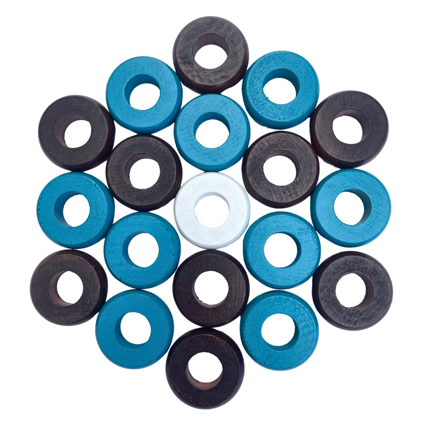32 Light Blue and Walnut Carrom / Pichenotte / Croquignole Rings - (Light Blue / Walnut / Natural / Black / White) - Anneaux De Pichenottes - Game Accessories / Accessoires De Jeu