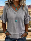 Casual Women's Shirt V-Neck Short Sleeve Loose Fit Pure Color Summer Fashion Trend Pullover Tops For Daily Wear