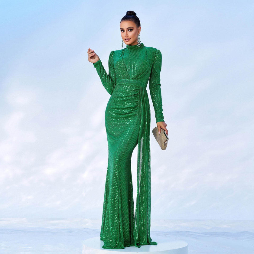 Long Sleeve Round Neck Slim Long Sequined Banquet Dress