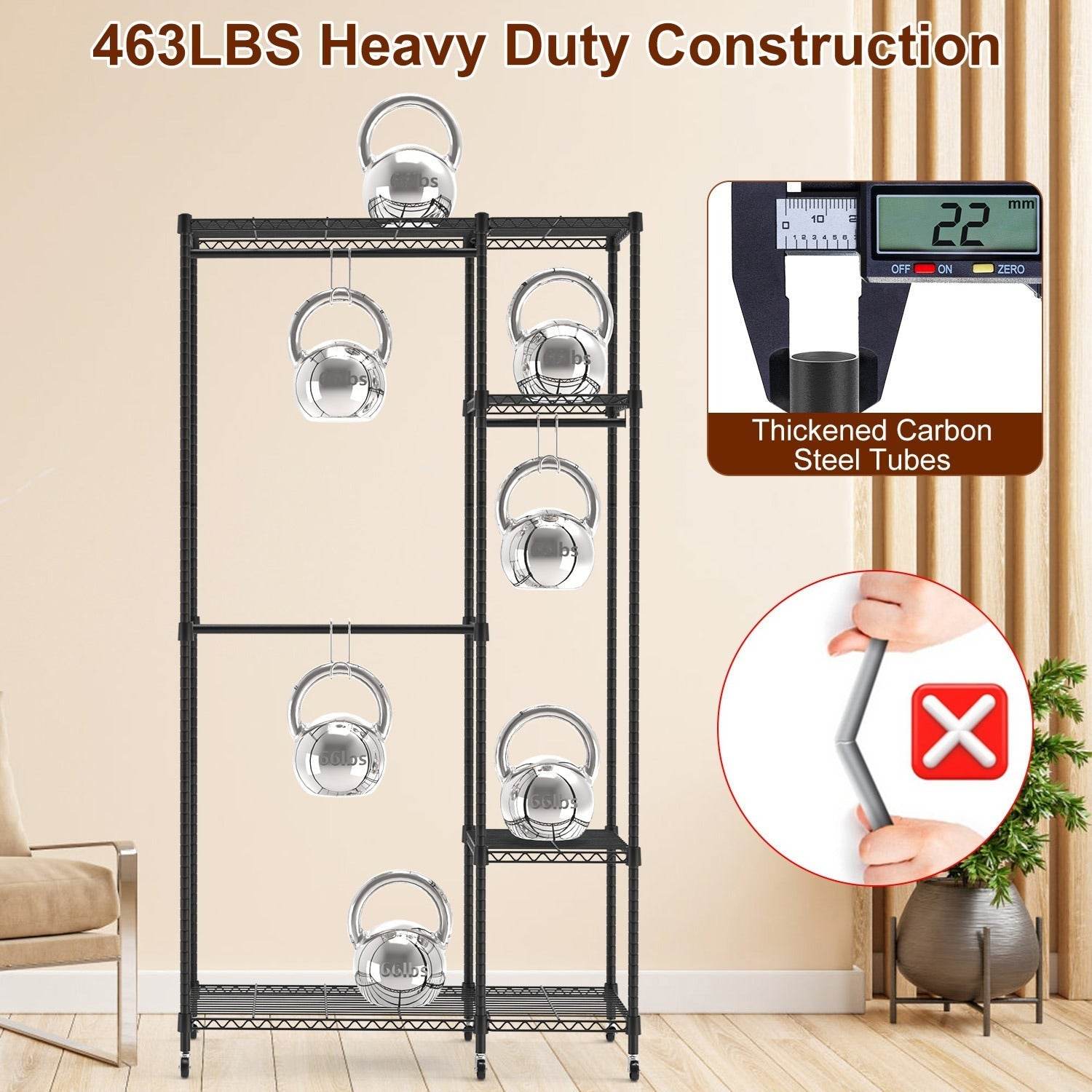 1Pc 4 Tier Heavy Duty Garment Rack With Wheels Carbon Steel Clothing Rack Portable Wardrobe Clothes Rack With 3 Hanging Rods 6 Footrests 44.9x17.13x77.95in