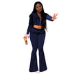 Women 2pcs Velvet Hoodie Wide leg Pant Crop top sweatsuit Athleisure Outfit