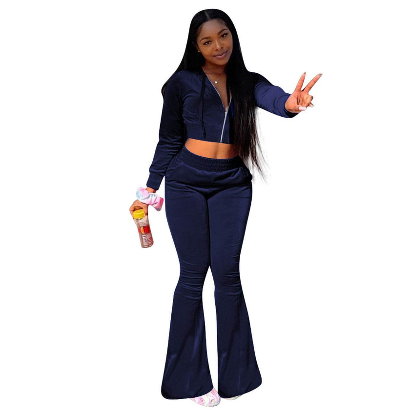 Women 2pcs Velvet Hoodie Wide leg Pant Crop top sweatsuit Athleisure Outfit