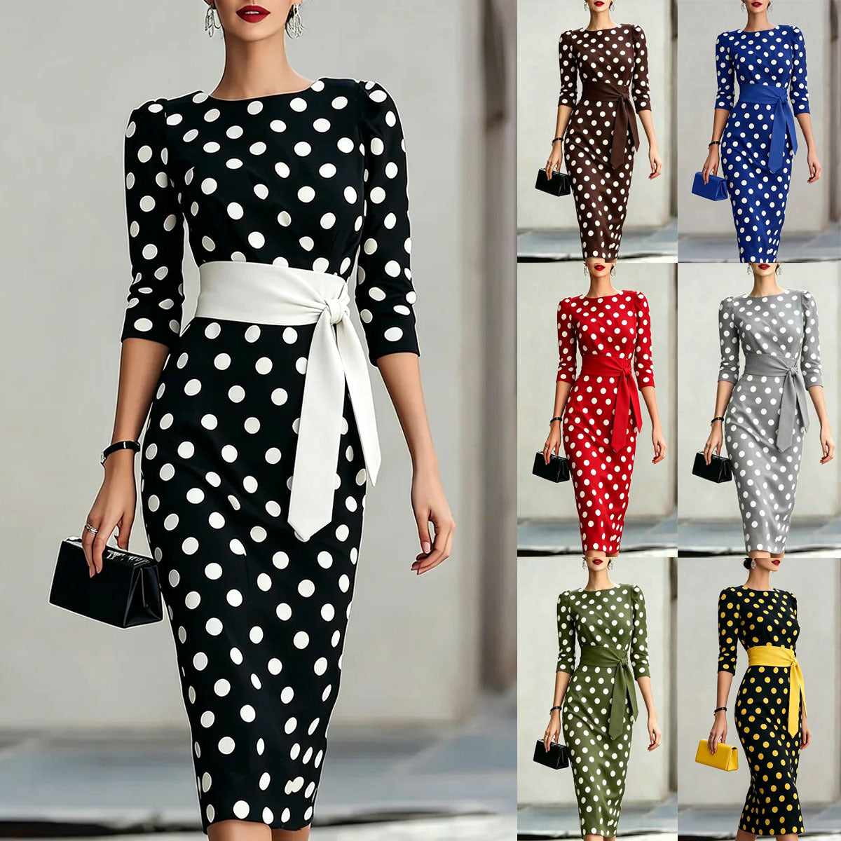 Retro Polka-Dot Belted Bodycon Dress – Elegant Knit Midi Dress for Women Canada