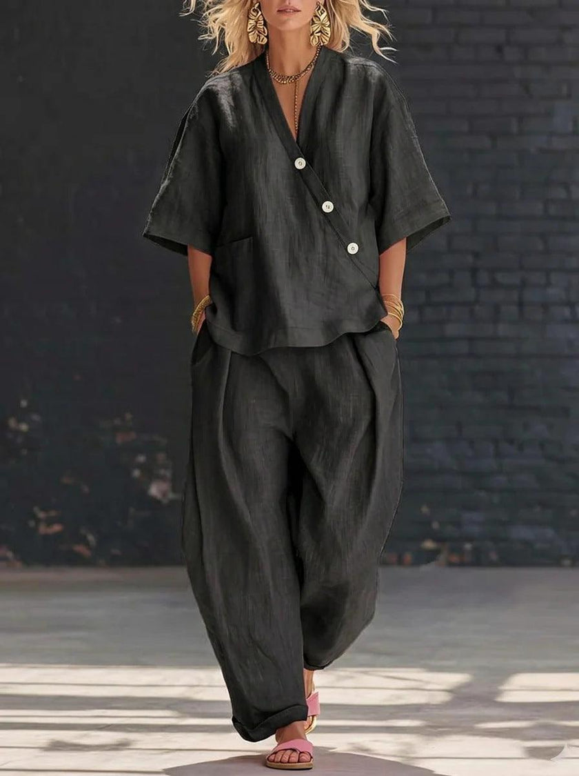 Women's Cotton Linen 2 Piece Outfit V-Neck Top & High-Waist Trousers