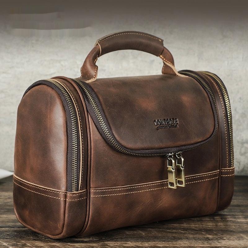 Crazy Horse Leather Travel Toiletry Bag Large Capacity Retro Men’s Dopp Kit