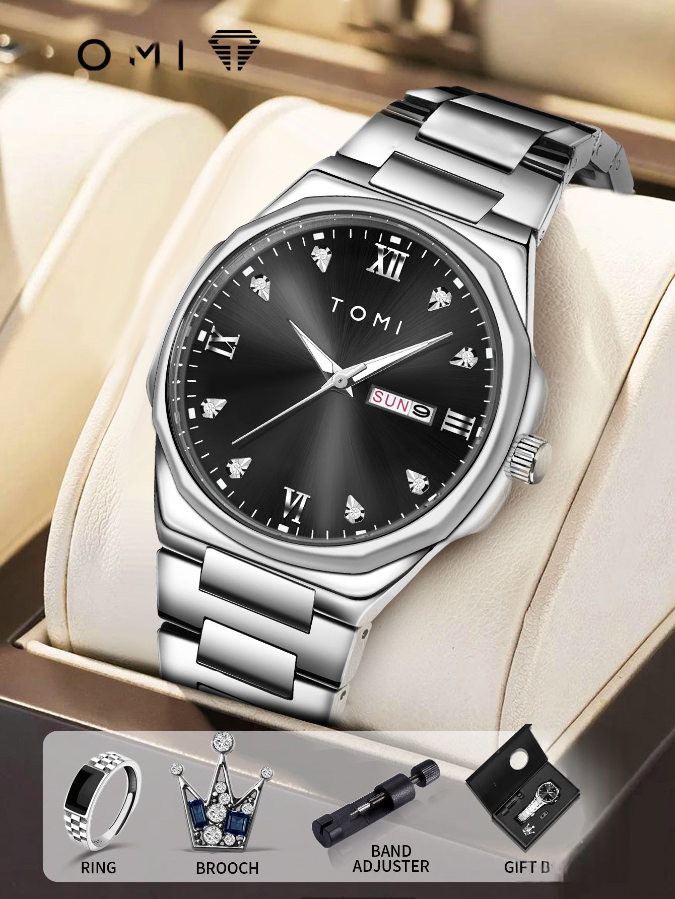 TOMI Diamond Encrusted Quartz Watch for Men – Stainless Steel Dress Watch