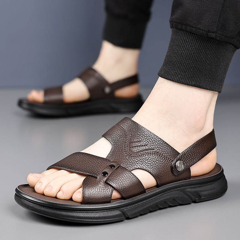 Men’s Premium Leather Cross-Strap Sandals – Breathable Open-Toe Casual Comfort Shoes