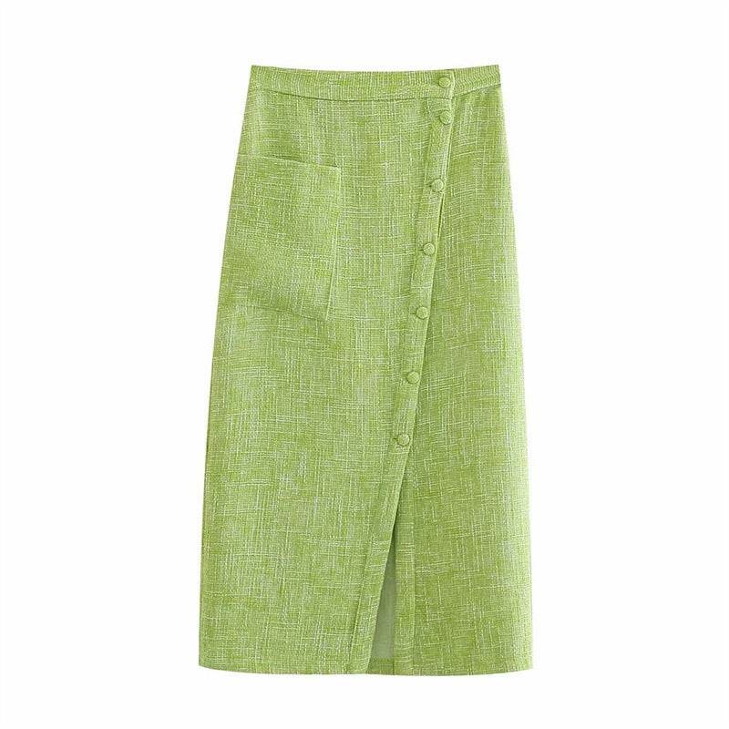 Women's Green Textured Slit High Waist Slit Midi Skirt green