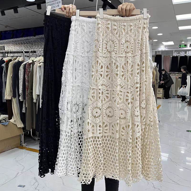Spring Summer Crochet Lace Patchwork A- Line Beach Skirt Holiday Style Hollow-out flared flowy Maxi Skirt