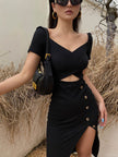 Slim And Hollow Niche Design High Slit Bag Hip Midi dress