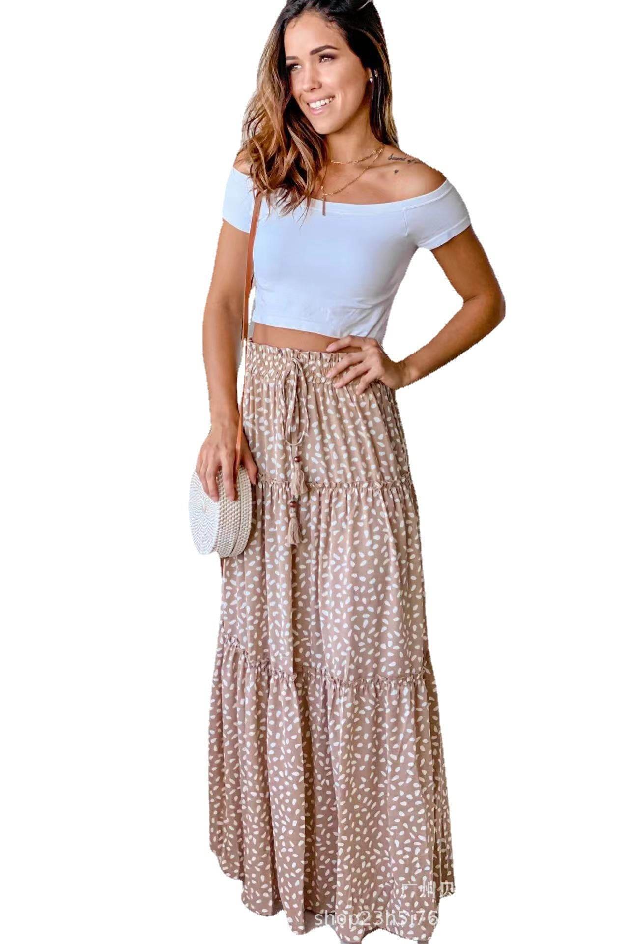 Casual Spring Summer Elastic Waist Pleated Mid Waist printed Maxi Skirt
