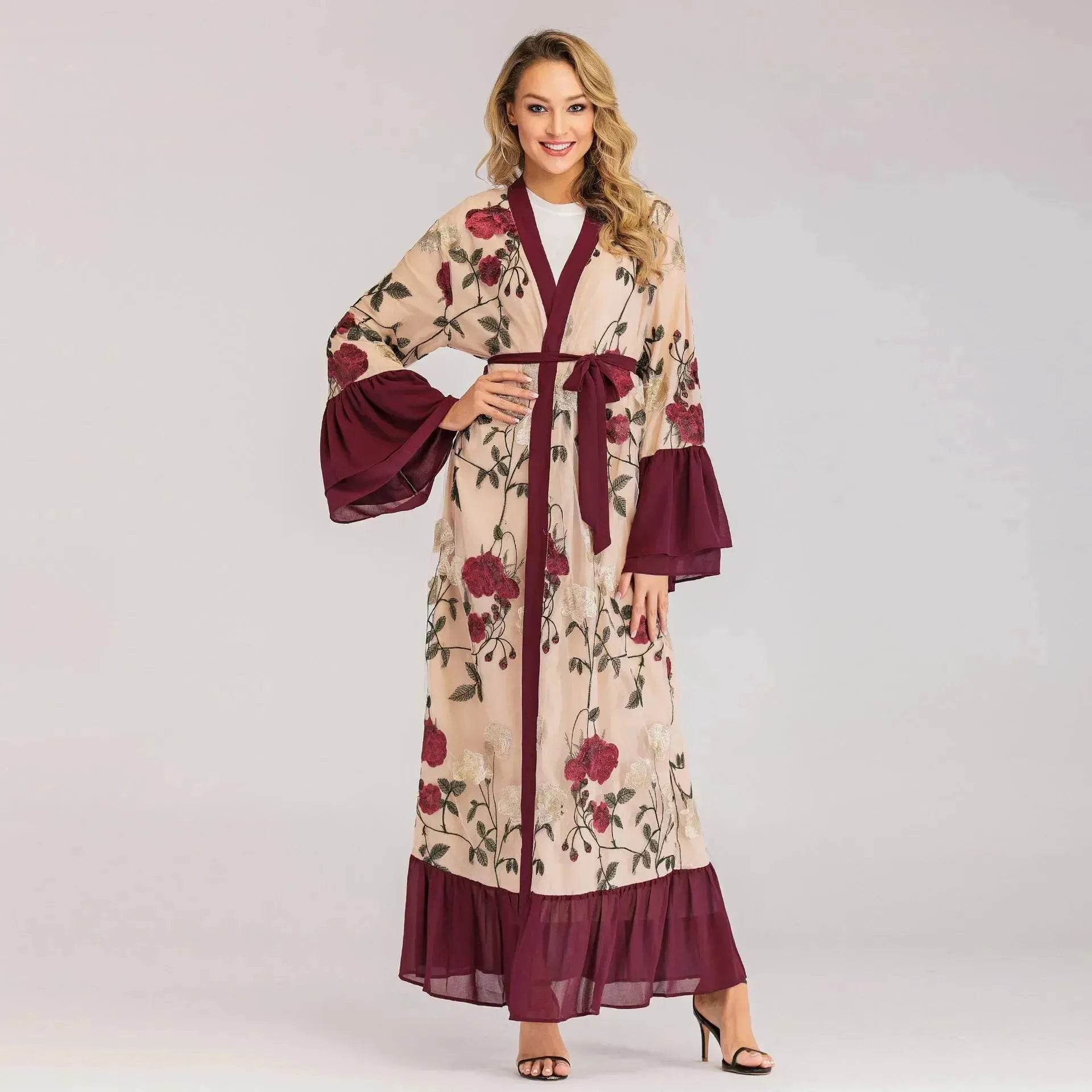 Fashion Floral Open front Abaya  Kimono Abaya for Middle Eastern Dubai Turkey Arab Women