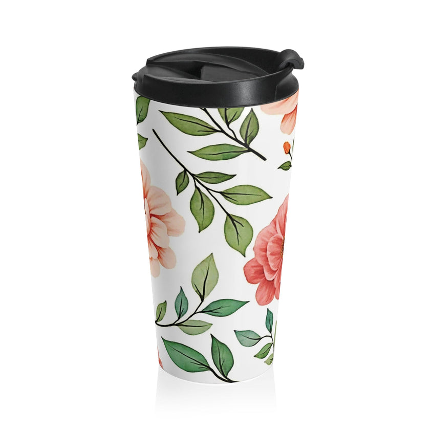 Peach Floral Pattern Stainless Steel Travel Mug | Botanical Leaves