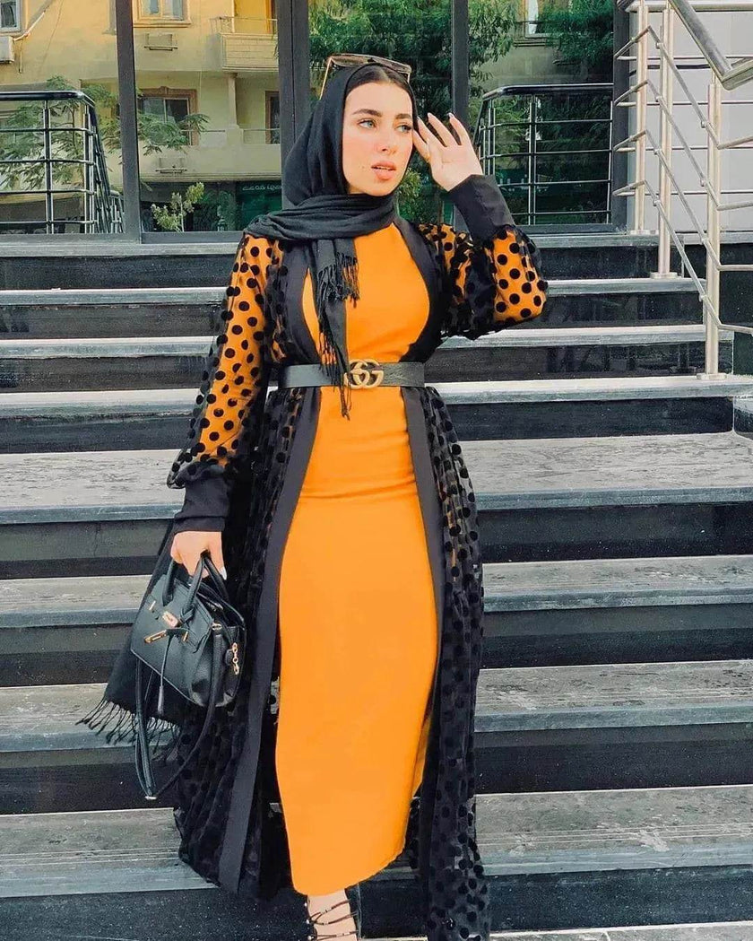 Middle East Apparel Women's Cross-border Polka Dot Perspective Cardigan Long Shawl Open Front Abaya Kimono Abaya for Dubai Turkey Women Two piece