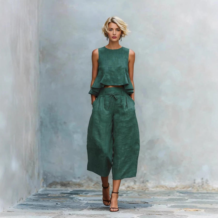 Women's 2 Piece Casual Linen Outfit Ruffle Top & Wide-Leg Pants