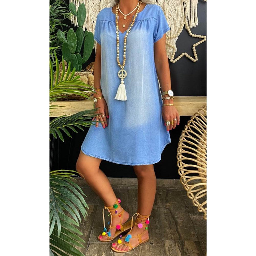 Round Neck Pleated Loose Solid Color Casual Plus Size Denim Dress