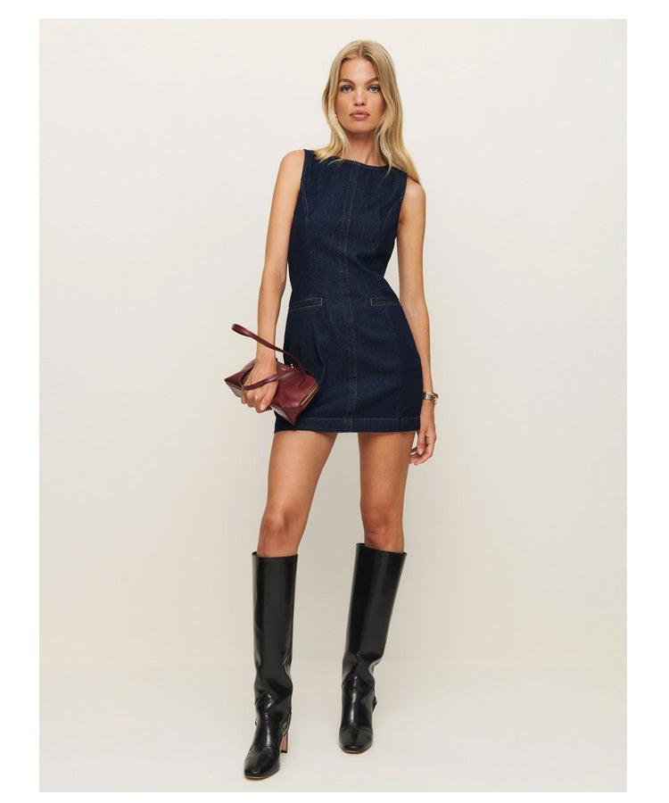 French-Style Slim Fit Denim Midi Dress – Sleeveless Round Neck Cotton Denim Dress