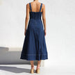 Women Sleeveless Sling Distressed Casual Style Button Denim Long Dress