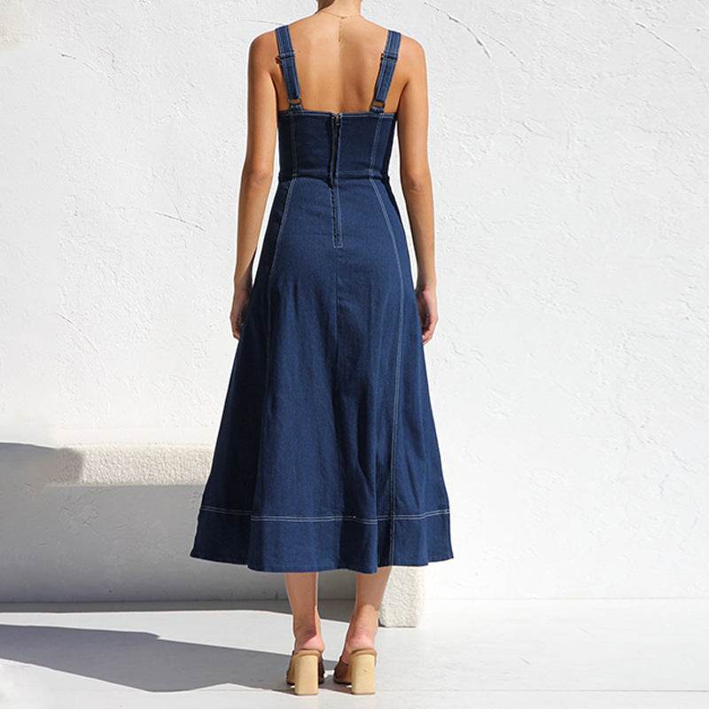 Women Sleeveless Sling Distressed Casual Style Button Denim Long Dress