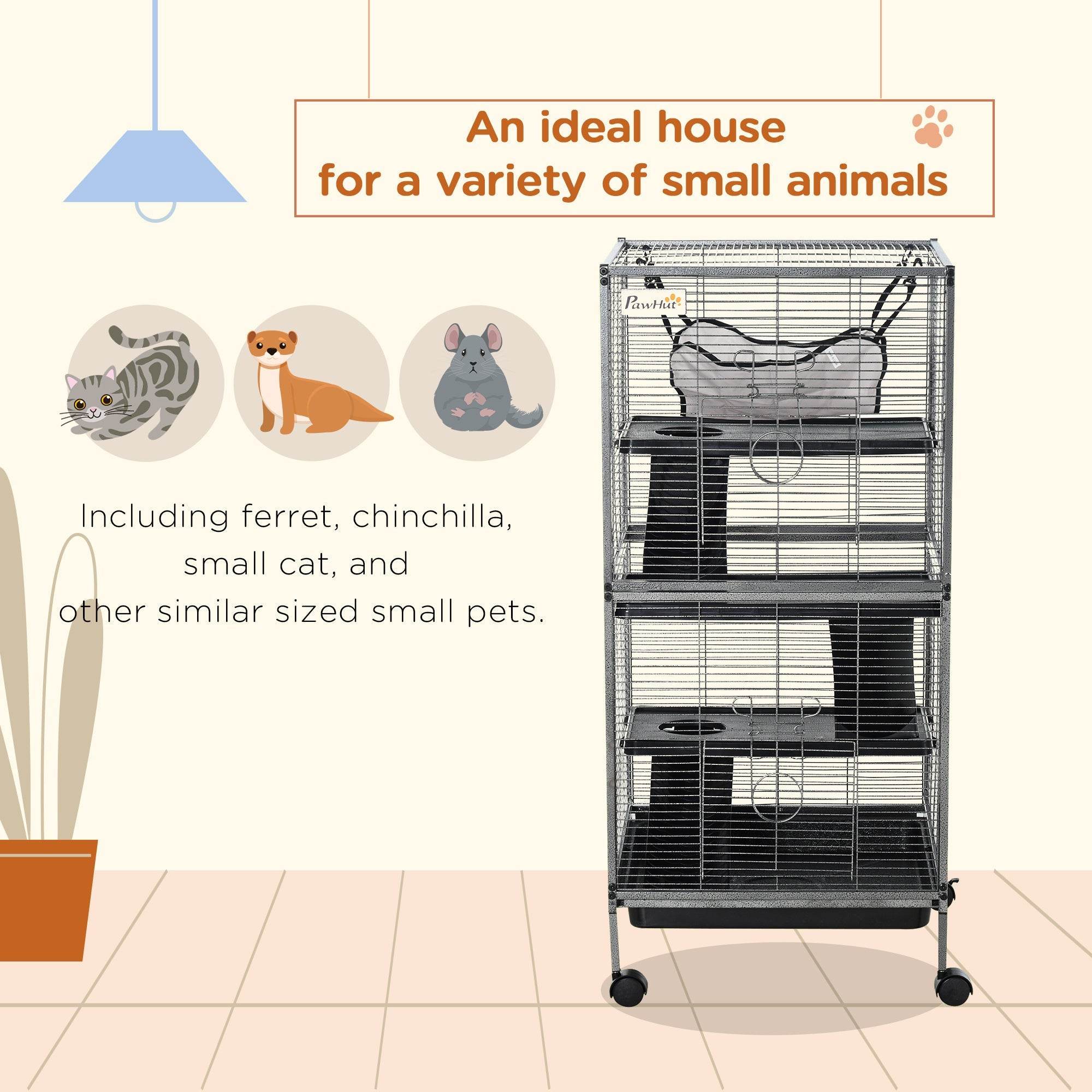 Large Metal 4 Tiers Small Animal Cage With Hammock, Removable Tray, Extra Space For Ferrets Chinchillas, Gray