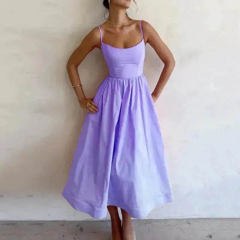 Elegant Solid Color Spaghetti Strap Suspender Skirt Dress Midi Skater Dress for Women